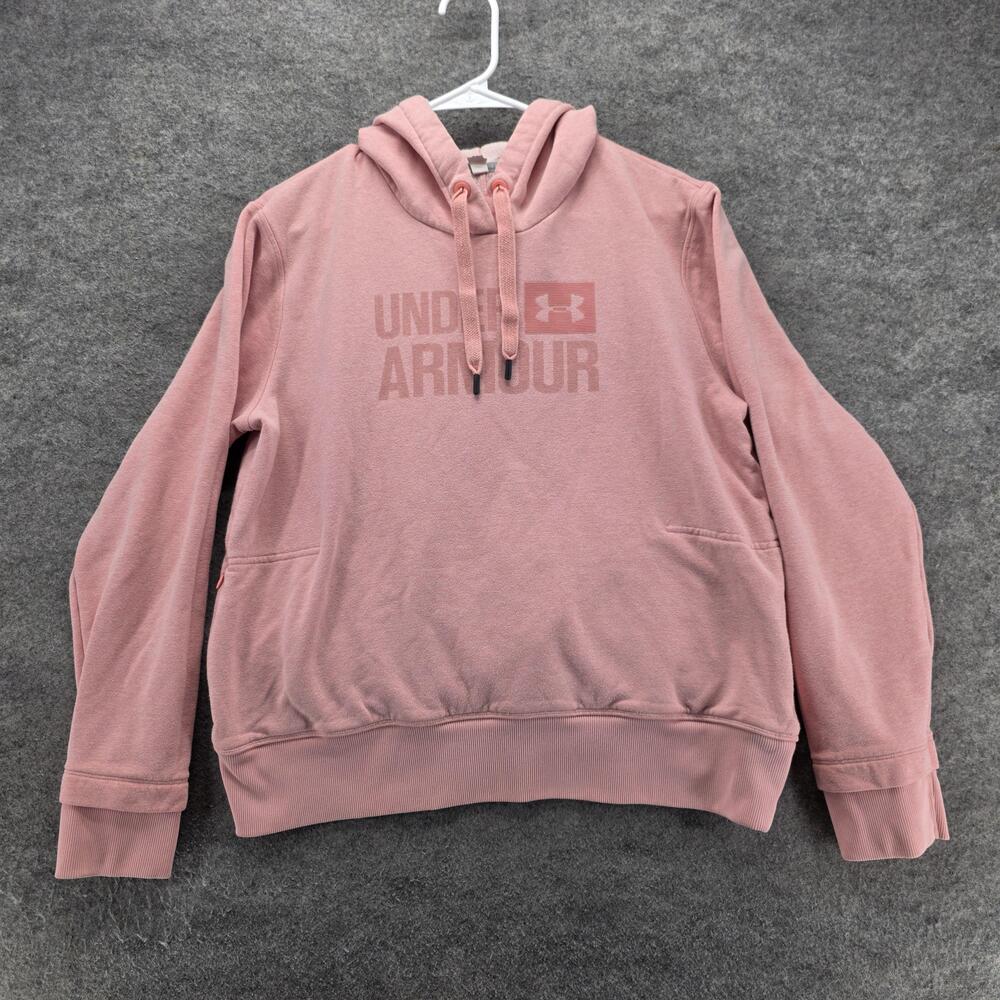 Under Armour Hoodie Womens L Pink Pullover Hooded Pockets Lined Fleece Logo